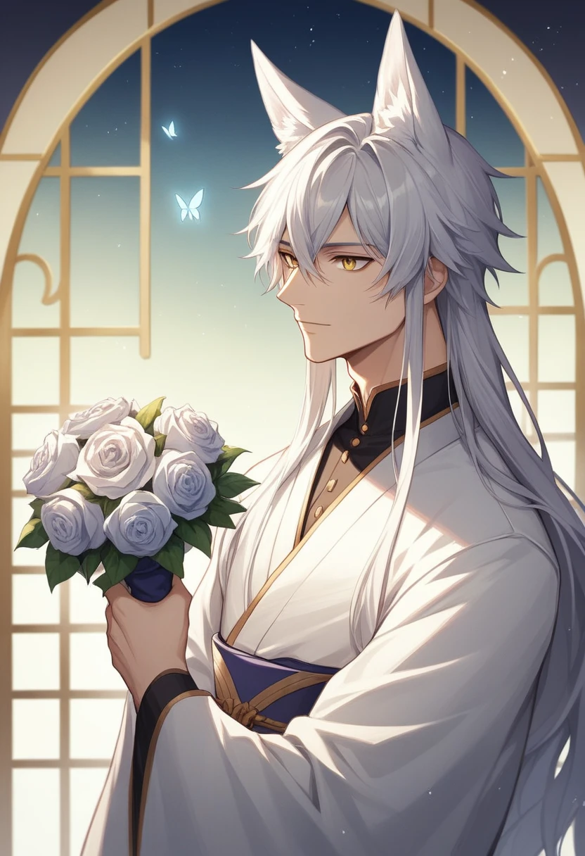 ((masterpiece, Highest quality)),miyabi, A highly detailed, anime-inspired illustration of a beautiful male character with long, flowing straight silver hair, with long side locks, and sharp golden eyes. He has white fox ears on his head, exuding a mystical and enchanting aura. He is wearing a white kimono with gold patterns, a light purple obi with a silver butterfly ornament. He is tall and well-built. The character is holding a large bouquet of flowers. The setting is a royal palace garden at night, with a serene and captivating mood. Soft lighting highlights the delicate features and smooth texture of his hair, enhancing the overall enchanting atmosphere. The image should be in 4K resolution, masterpiece quality, and of the highest standard.