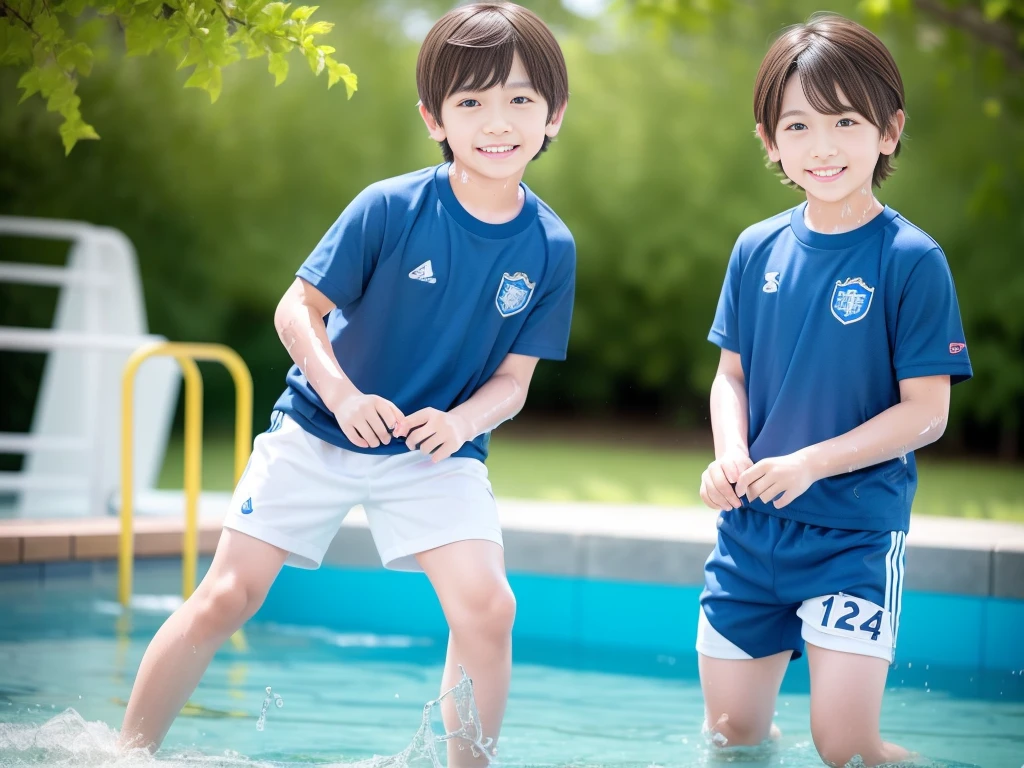 夏休みのprimary school校、Pool、primary school5Grade、Japan Boy、Glowing water splashes、A good boy dripping with water、Playing innocently、hot day、Two Boys、Various poses、Short sleeve gym uniform、Blue shorts、physical education、barefoot,(Boy 1.4)、Boys only 、(10Age 1.4)