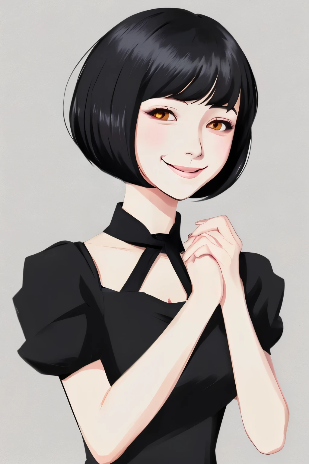 Girl in black clothes, looking straight ahead, hands clasped in front, anime style illustration, smiling, bob hairstyle


