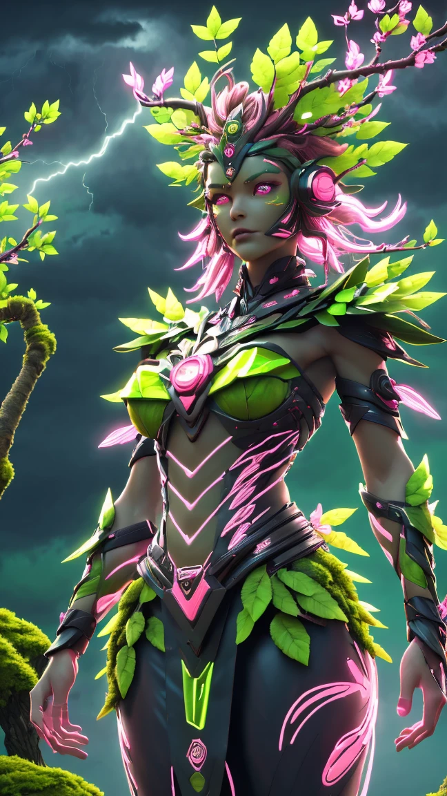 A woman in a green and pink outfit standing in front of a tree Plant Maiden,metal leaf,Wired branch,glowing light eyeechanical bark,bark covered with moss,tribe outfit,majestic figure,(ancient tribal markings),Control the tendrils extending from the arms,Neon lights dance on the body,(Lightning around branches and leaves),(peach blossom),The petals are soft and delicate,vibrant with colors,(A harmonious blend of green and pink),(Ominous dark clouds in the sky),Night atmosphere,A futuristic,Vibrant colors and high-contrast lighting,Dramatic shadows and highlights.(Best quality at best, 4K, 8K, tmasterpiece: 1.2), (actual, photograph realistic, photograph realistic: 1.37)