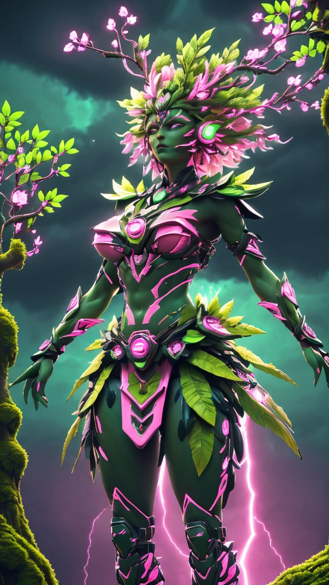 A woman in a green and pink outfit standing in front of a tree Plant Maiden，metal leaf，Wired branch，glowing light eyeechanical bark，bark covered with moss，tribe outfit，majestic figure，(ancient tribal markings)，Control the tendrils extending from the arms，Neon lights dance on the body，(Lightning around branches and leaves)，(peach blossom)，The petals are soft and delicate，vibrant with colors，(A harmonious blend of green and pink)，(Ominous dark clouds in the sky)，Night atmosphere，A futuristic，Vibrant colors and high-contrast lighting，Dramatic shadows and highlights.(Best quality at best, 4K, 8K, tmasterpiece: 1.2), (actual, photograph realistic, photograph realistic: 1.37)