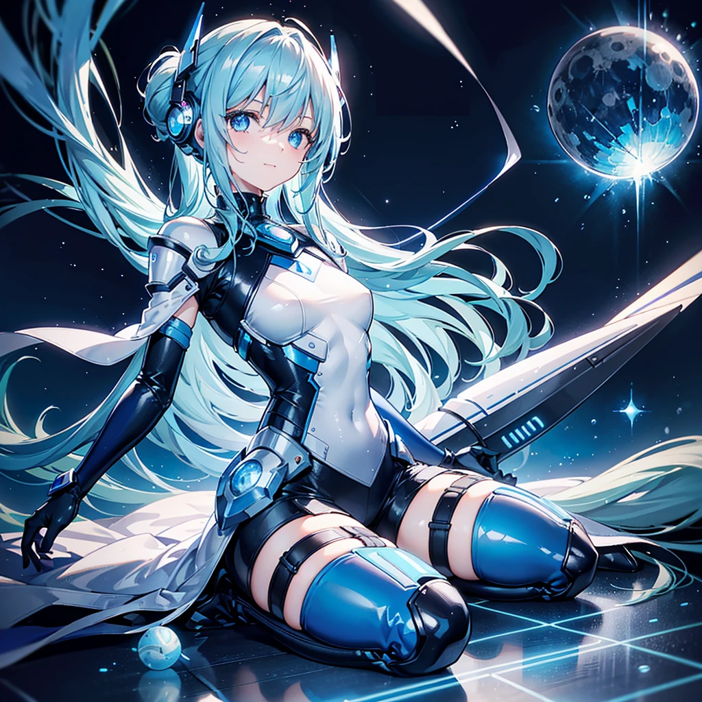 8K, Highest quality, (real:1.4), Original photo, 1 girl, Asari Hair, Biological Amplifier, Very sleek and futuristic armor, posture: Peace talks between warring factions,,attention arousal, smart blue eyes,A modest smile,Knee-high boots,Patent-look blue tights,Blue big moon and blue light swirl in the background,Blue light from behind,blue light magic,A small, glowing blue ball in the palm of your hand,Blue flame swirl,Blue Comet,Polished floor,