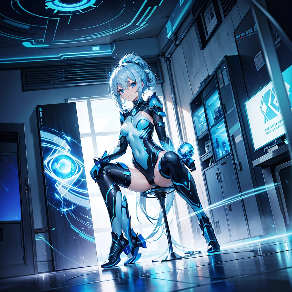 8K, Highest quality, (real:1.4), Original photo, 1 girl, Asari Hair, Biological Amplifier, Very sleek and futuristic armor, posture: Peace talks between warring factions,,attention arousal, smart blue eyes,A modest smile,Knee-high boots,Patent-look blue tights,Blue big moon and blue light swirl in the background,Blue light from behind,blue light magic,A small, glowing blue ball in the palm of your hand,Blue flame swirl,Blue Comet,Polished floor,