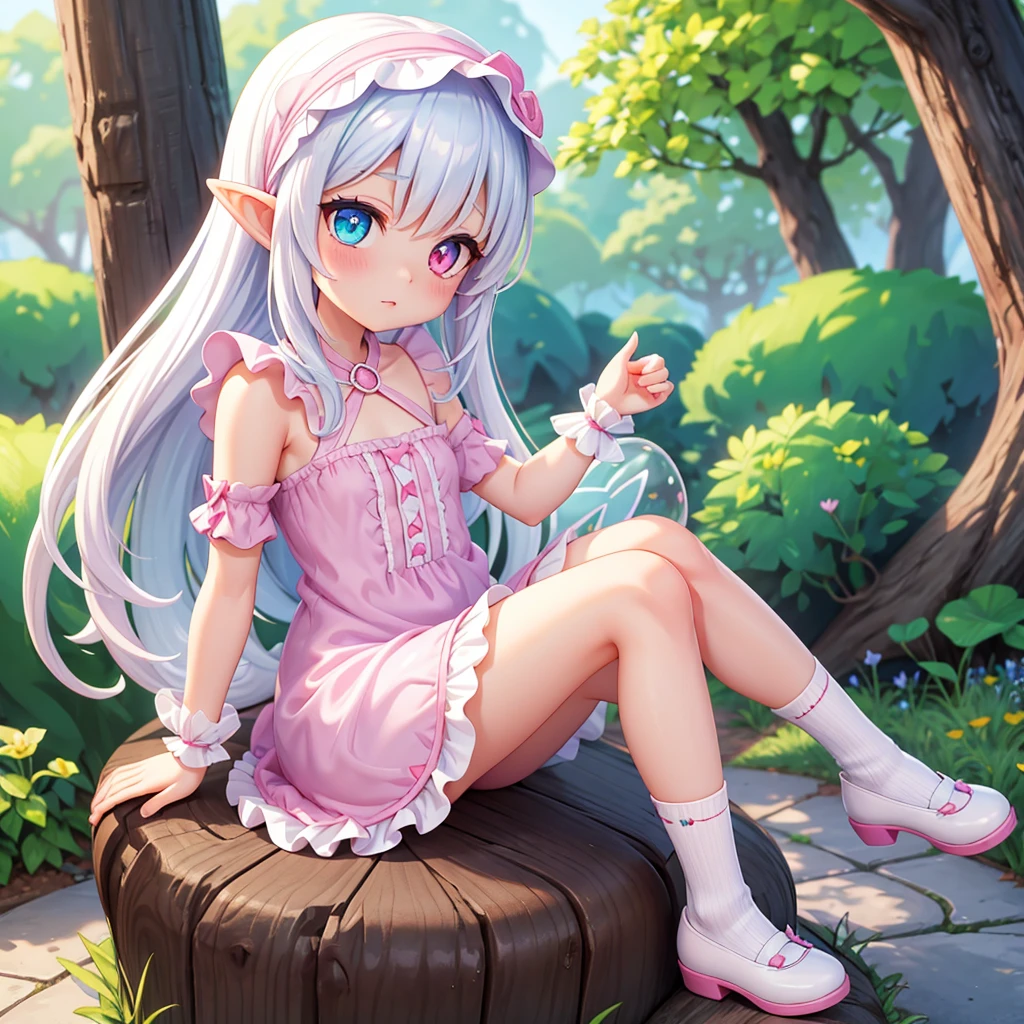 ((1Girl)) ((Looking at viewer)) ((Slime girl)) ((Fairy girl))  ((Up close)) ((Adult Slime girl)) ((Adult Fairy Girl))

Opal is a slime girl, the color of her slime is pink, she has pointy elf ears, her hair is a shoulder length white, her skin is milky white, she has Heterochromia iridum Her left eye is pink, and her right eye is blue , her clothing is that of cottagecore, wearing knee length dresses, in whites and yellows, she wears slip on mary janes, colored white, she wears frilly socks that go to her ankles. she wears a headscarf sometimes. 

She is a girl that lives/is covered in pink slime, she has pointy elf ears, and long white hair, she has milky white skin covered in pink slime, she has Heterochromia iridum, her left eye is pink, and her right eye is blue, Opal wears nightgown type dresses that stop at her knees, she wears socks with ruffles on them, her shoes are black maryjanes the type that you slip on with a strap on the front, she wears a small headscarf, she has fairy wings on her back that are just now sprouting out. 

