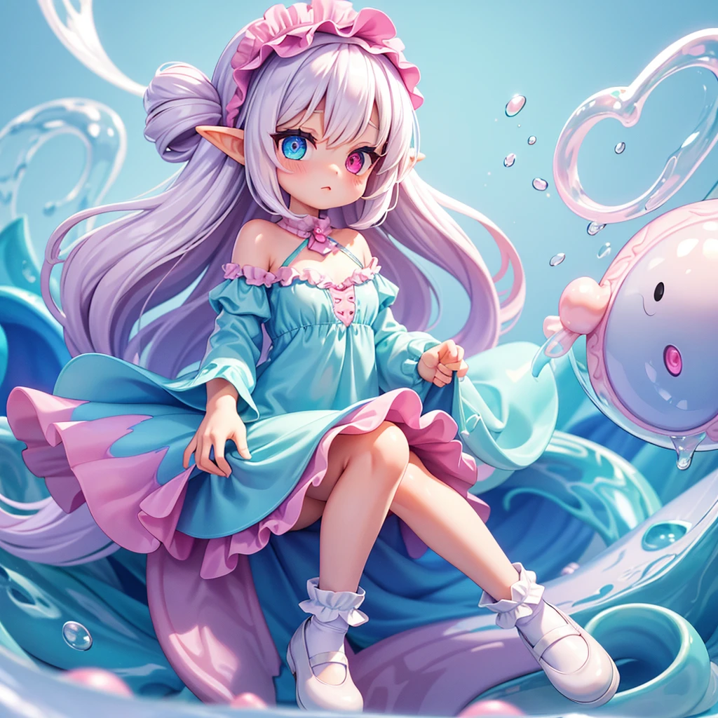 ((1Girl)) ((Looking at viewer)) ((Slime girl)) ((Fairy girl))  ((Up close)) ((Adult Slime girl)) ((Adult Fairy Girl))

Opal is a slime girl, the color of her slime is pink, she has pointy elf ears, her hair is a shoulder length white, her skin is milky white, she has Heterochromia iridum Her left eye is pink, and her right eye is blue , her clothing is that of cottagecore, wearing knee length dresses, in whites and yellows, she wears slip on mary janes, colored white, she wears frilly socks that go to her ankles. she wears a headscarf sometimes. 

She is a girl that lives/is covered in pink slime, she has pointy elf ears, and long white hair, she has milky white skin covered in pink slime, she has Heterochromia iridum, her left eye is pink, and her right eye is blue, Opal wears nightgown type dresses that stop at her knees, she wears socks with ruffles on them, her shoes are black maryjanes the type that you slip on with a strap on the front, she wears a small headscarf, she has fairy wings on her back that are just now sprouting out. 

