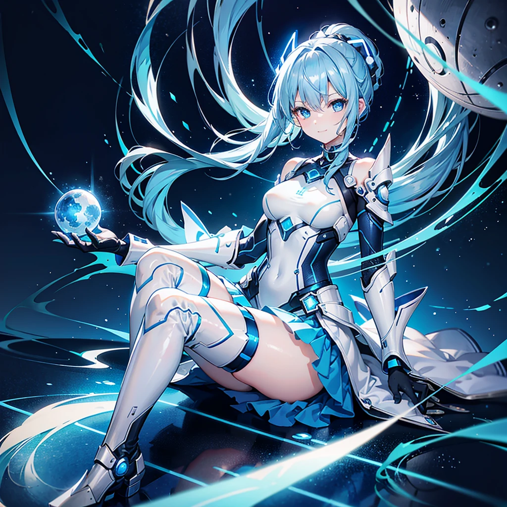 8K, Highest quality, (real:1.4), Original photo, 1 girl, Asari Hair, Biological Amplifier, Very sleek and futuristic armor, posture: Peace talks between warring factions,,attention arousal, smart blue eyes,A modest smile,Knee-high boots,Patent-look blue tights,Blue big moon and blue light swirl in the background,Blue light from behind,blue light magic,A small, glowing blue ball in the palm of your hand,Blue flame swirl,Blue Comet,Polished floor,