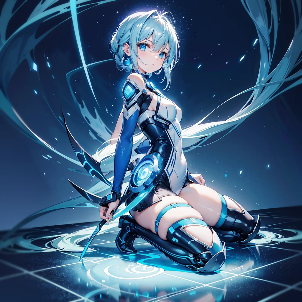 8K, Highest quality, (real:1.4), Original photo, 1 girl, Asari Hair, Biological Amplifier, Very sleek and futuristic armor, posture: Peace talks between warring factions,,attention arousal, smart blue eyes,A modest smile,Knee-high boots,Patent-look blue tights,Blue big moon and blue light swirl in the background,Blue light from behind,blue light magic,A small, glowing blue ball in the palm of your hand,Blue flame swirl,Blue Comet,Polished floor,