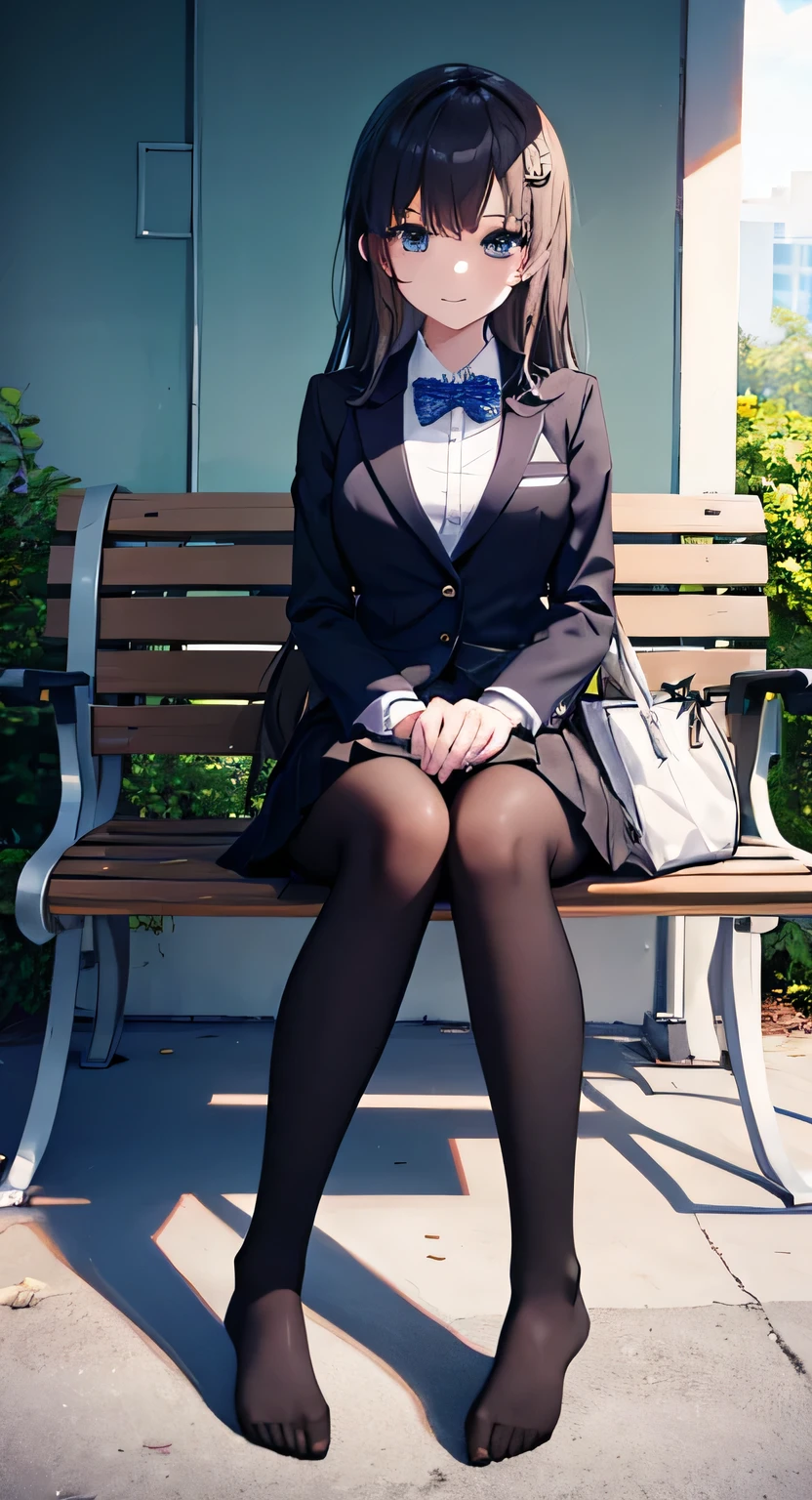 high quality, masterpiece, High resolution, (Head to Toe full body), front, frontComposition from slightly below, Symmetric, Tall 18 year old girl, alone, (Head to Toe), (Small breasts), (black tights), (Black Pantyhose), (Sit with your legs apart), (Crouching pose), ( (Sit on a bench with your legs spread), (M-shaped feet), Thin legs, Very beautiful tall 18 year old girl, (No shoes), smile、 Looking into the camera, blazer uniform, Checkered Pleated Skirt