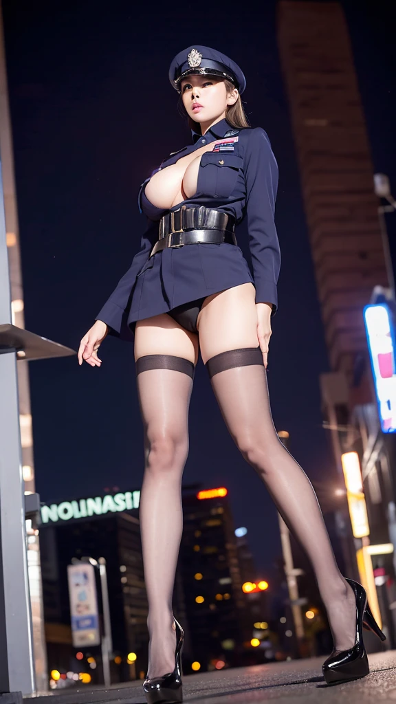 A beautiful policewoman in uniform with a tall figure, very long legs and huge breasts standing in a busy downtown area at night. View from below. Pantyhose