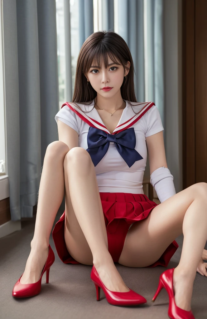 masterpiece， Best quality， high resolution， SAMA1， Headgear， Sailor Suit， White gloves， Red sailor collar， Red Skirt， Star necklace， Pleated Skirt， Bare Legs， Purple bow， magic， hot， moon， Perfect NwsjMajic， sit， Red high heels， No gloves， Camel toe，Black knee stockings，Put your hands behind your head，Lying in bed，，Wet，Sweating，There is one on the underwear，Openwork panties，Lace panties，Transparent underwear，丰满的Camel toe，Red high heels，Openwork panties，Wet，Exposure，There is water on the thighs，It's all sweat，Sweating，miniskirt，，miniskirt，Smaller，Inner thighs filled with water，Pubic hair exposed，Exposure，Red high heels