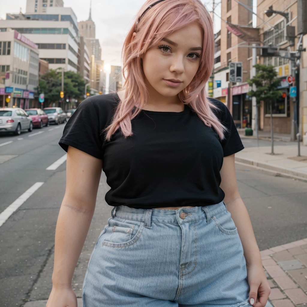 Teen girl, pink hair, swimsuit, posing on the top of empire state bulding