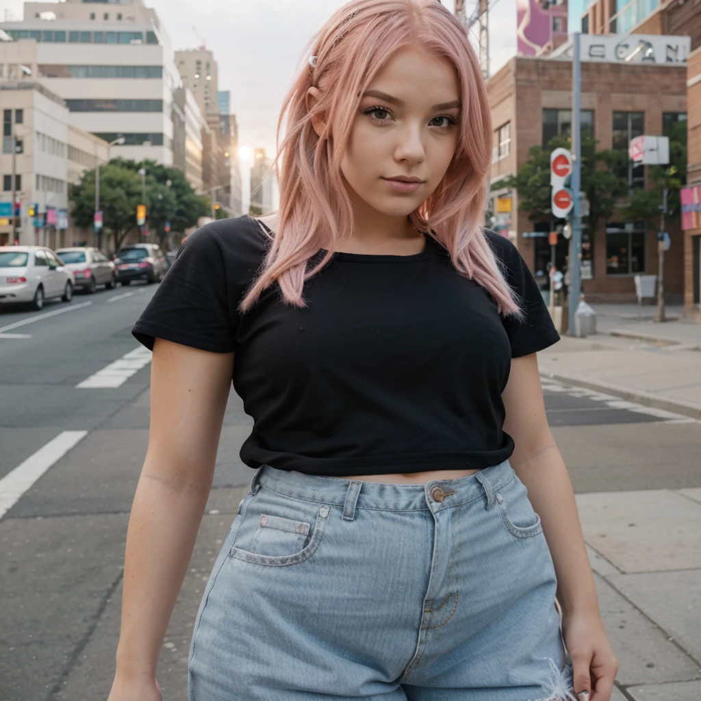  girl, pink hair, swimsuit, posing on the top of empire state bulding