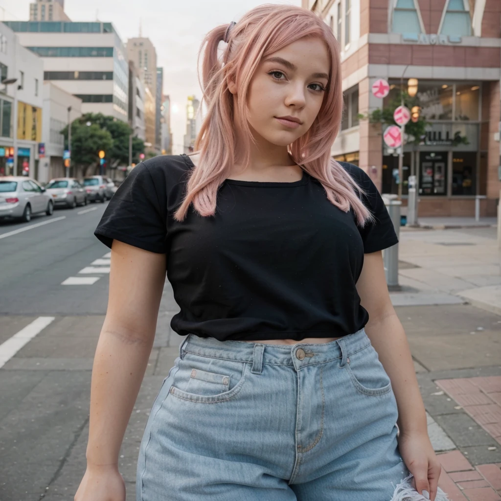 Teen girl, pink hair, swimsuit, posing on the top of empire state bulding