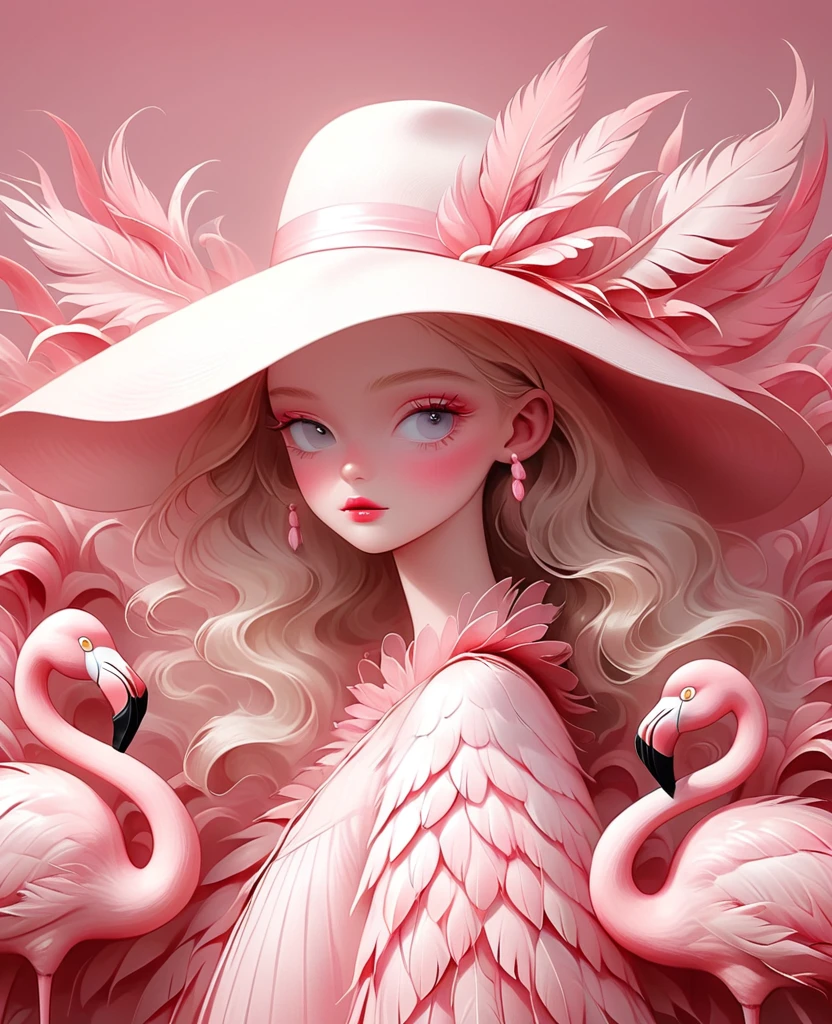 A blonde girl wearing a white hat made of flamingo feathers，The background is pink，With pink hue, Hugh Kretschmer (hugh kretschmer) and Nicoletta Sekoli (Nicoletta Ceccoli) Detailed illustrations of the style，Features magical realism style and soft pink color, Pale pink color scheme，Symmetrical composition and minimalist design，Similar to fashion magazine covers or editorial photography.