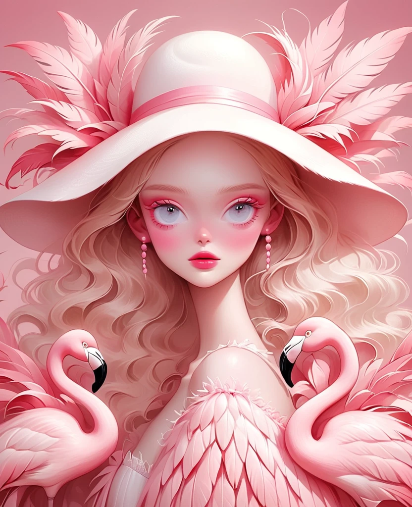 A blonde girl wearing a white hat made of flamingo feathers,The background is pink,With pink hue, Hugh Kretschmer (hugh kretschmer) and Nicoletta Sekoli (Nicoletta Ceccoli) Detailed illustrations of the style,Features magical realism style and soft pink color, Pale pink color scheme,Symmetrical composition and minimalist design,Similar to fashion magazine covers or editorial photography.
