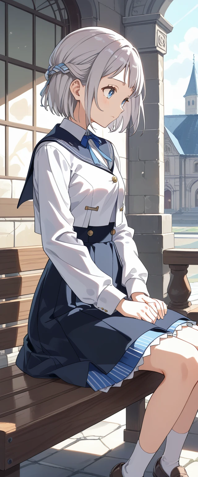 score_9, score_8_superior, score_7_superior, Break Source_anime, Highest quality, masterpiece, 
One girl, Yuri Default, Katsuragi lily,blue eye,Gray Hair,short hair,Braiding,,Sailor collar,Neck ribbon, White shirt,Layered skirt,High Waist Skirt,White socks,loafers ,
Chapel,Dirty_Glass, Sitting_bench,Own_hand_Clenched, Closed_eye,length_eyelash, 
from_~ side,Ray,shade,
 