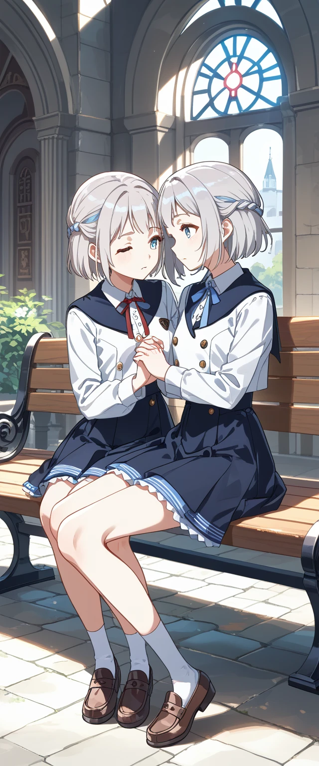 score_9, score_8_superior, score_7_superior, Break Source_anime, Highest quality, masterpiece,
One girl, Yuri Default, Katsuragi lily,blue eye,Gray Hair,short hair,Braiding,,Sailor collar,Neck ribbon, White shirt,Layered skirt,High Waist Skirt,White socks,loafers ,
Chapel,Dirty_Glass, Sitting_bench,Own_hand_Clenched, Closed_eye,length_eyelash,
from_~ side,Ray,shade,