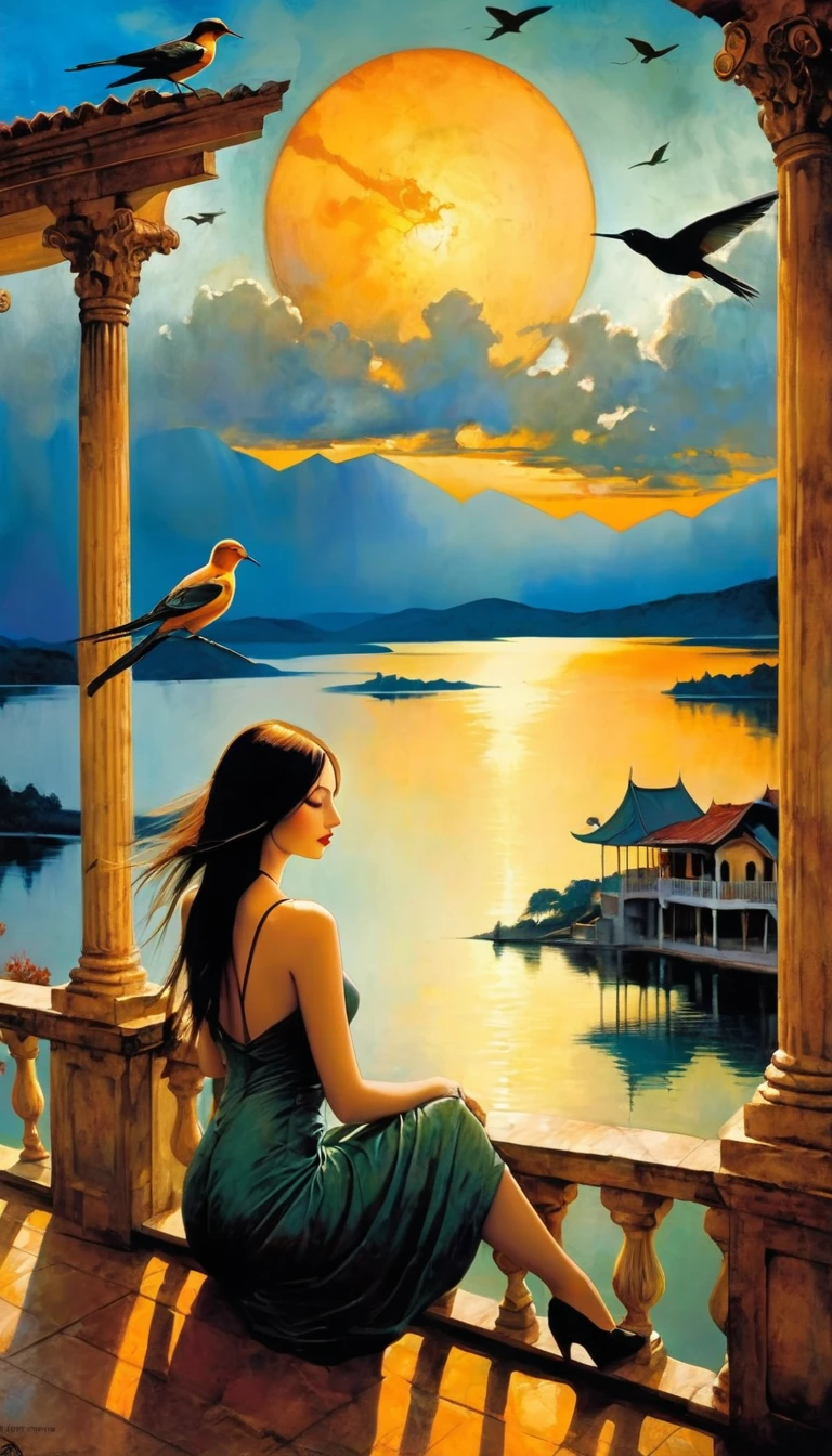 large open terrace overlooking a beautiful lake with dream houses, a sexy girl relaxes on the terrace, landscape, clouds, birds, sunset (art inspired by Bill Sienkiewicz). oil painting) (best quality,4k,8k,highres,masterpiece:1.2),ultra-detailed,(realistic,photorealistic,photo-realistic:1.37),intricate details,vivid colors,sharp focus,professional,Dave McKean artwork, oil touch of surrealism,oil painting style
