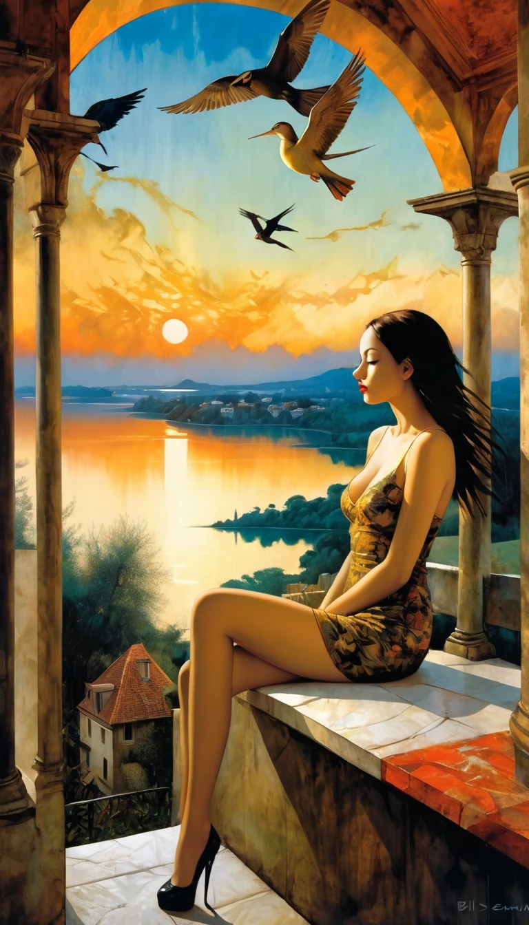 large open terrace overlooking a beautiful lake with dream houses, a sexy girl relaxes on the terrace, landscape, clouds, birds, sunset (art inspired by Bill Sienkiewicz). oil painting) (best quality,4k,8k,highres,masterpiece:1.2),ultra-detailed,(realistic,photorealistic,photo-realistic:1.37),intricate details,vivid colors,sharp focus,professional,Dave McKean artwork, oil touch of surrealism,oil painting style