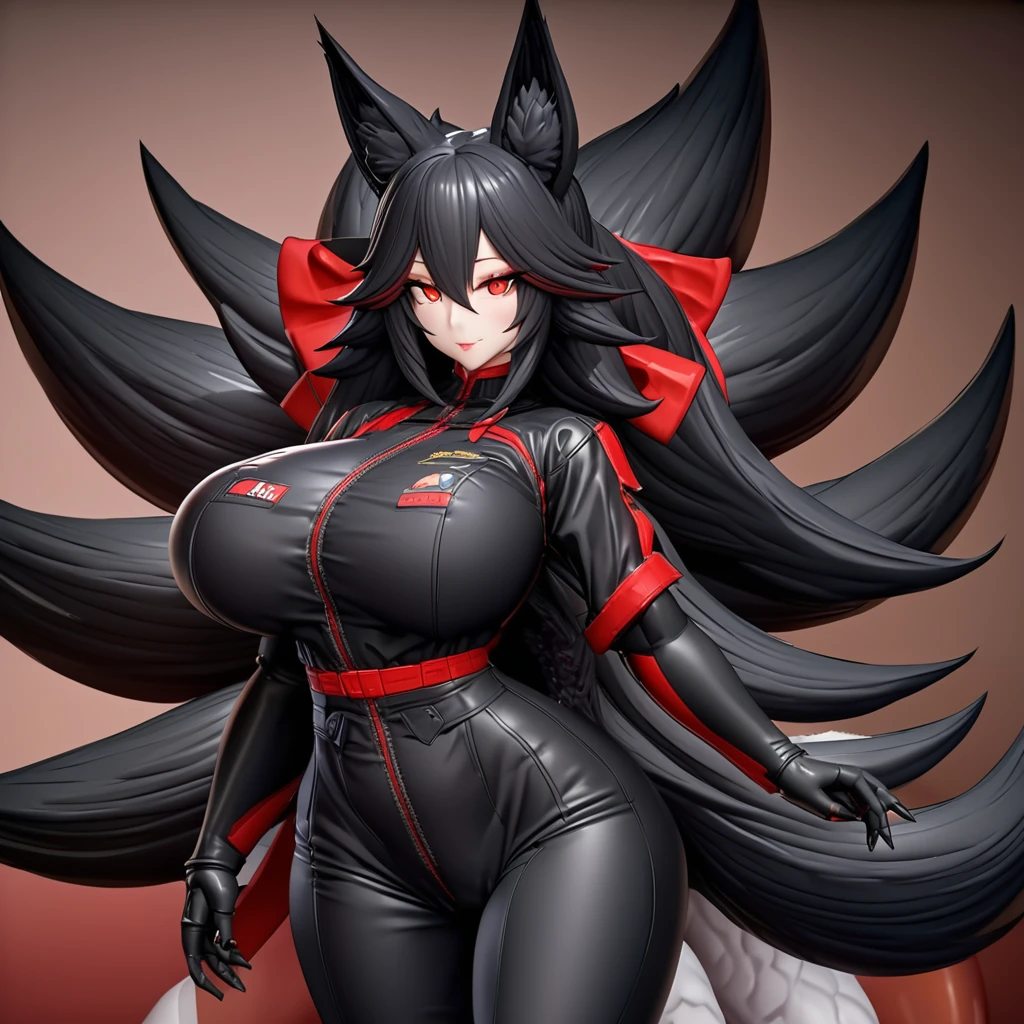 Beautiful black Kitsune, red eyes, highly detailed face, highly detailed eyes, big breasts, sexy figure, mature woman, several black kitsune tails, soft long Black Kitsune ears, Wearing Red And Black Mechanic outfit, wide waist
