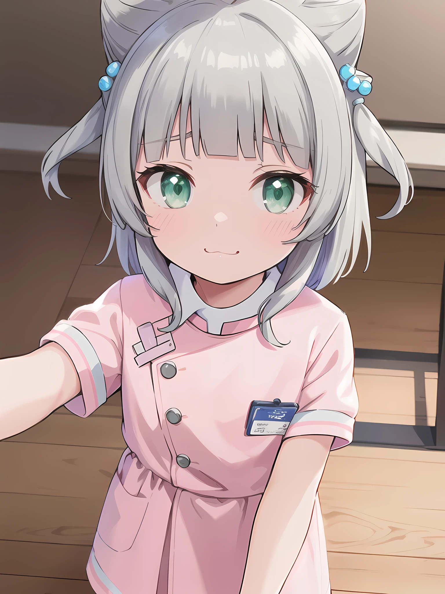 indoor,hospital,hospitalのベッド,Looking down from above,face focus, Green Eyes, Grey Hair, hair ornaments, bangs, Virtual YouTuber, Shine, blunt bangs, Double Bang, Animal ears, Flat Chest,Pink nurse uniform,blush, (View your viewers),, smile, Are standing,