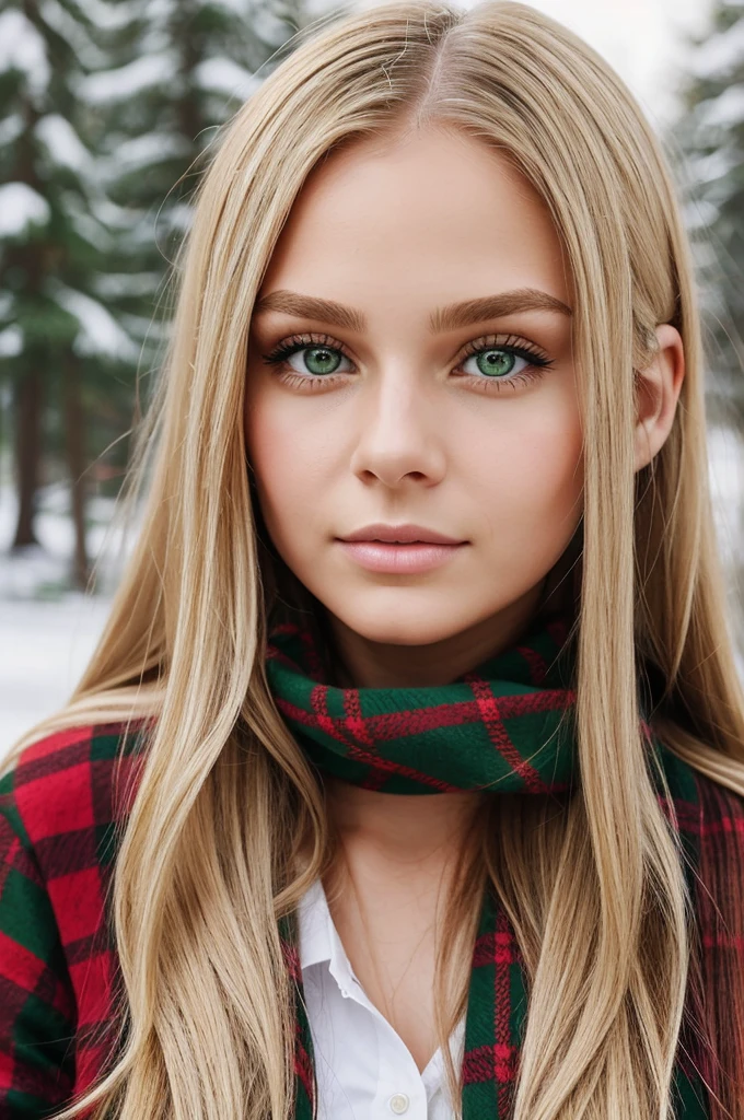 Draw a realistic version of Bianca, a 17 year old girl with long straight blonde hair. She has a small fringe on the sides, but not on the forehead. Bianca has a gold leaf accessory on the right side of her hair. His eyes are big and green, with a curious and kind expression. Your face is pale with delicate features, including a small nose and thin lips. She is wearing a red plaid scarf and a green coat with a faux fur lining at the collar.. under, appears to be wearing a black blouse. The background must be snow.