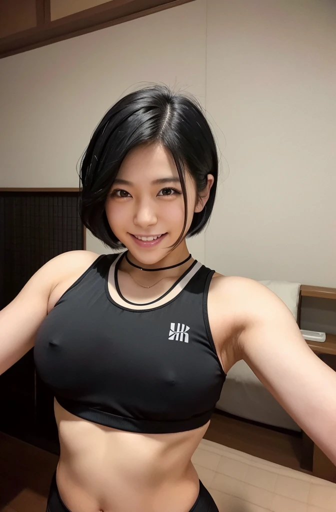 (vulgar),Just the right kind of 25-year-old japanese、black Hair Color,seductive grin smug,close mouth,bob hair,sports bra,big nipple