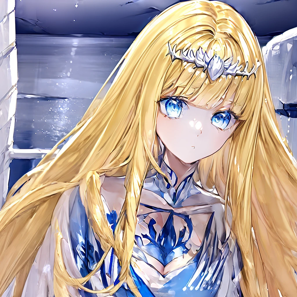(masterpiece, highest quality), ((1 girl, alone,)),innocent look, , night, suspicious, 1girl, solo, Calca, Calca Bessarez, blonde hair, (extremely long hair1.3), very long hair, white tiara, white dress, blue eyes, medium chest,extremely long hair, blunt bang, close up , upper body