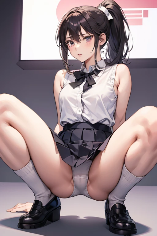 Double cast,Akasaka Mizuki,Tight mini skirt,Sleeveless blouse,Ponytail,Mysterious,Expressionless,university student,White underwear,Squatting and spreading your legs wide