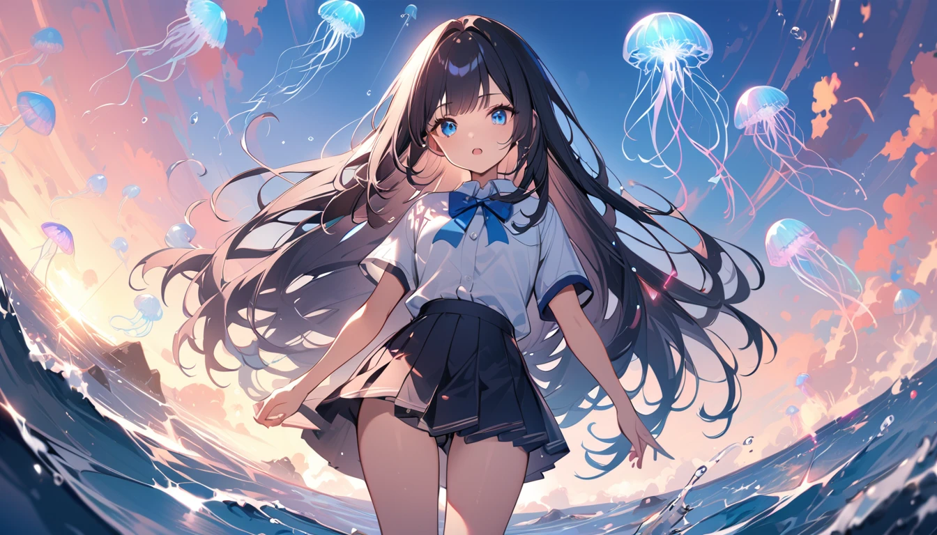 BREAK 1 girl, long hair, black hair, straight hair, short bangs above brows, blue eyes, expressionness, open mouth, (looking  away:1.2)
BREAK (masterpiece), (high resolution 8K), cinematic lighting, professional lighting, detailed eyes and face, detailed body, 
BREAK white shirt, blue bowtie, pleated skirt,  
BREAK very wide, panorama view, sense of depth, shot from front, 
BREAK colorful jellyfish, flying jellyfish, large amount of jellyfish, standing in the ocean, mysterious, luminescence, blue sky, 