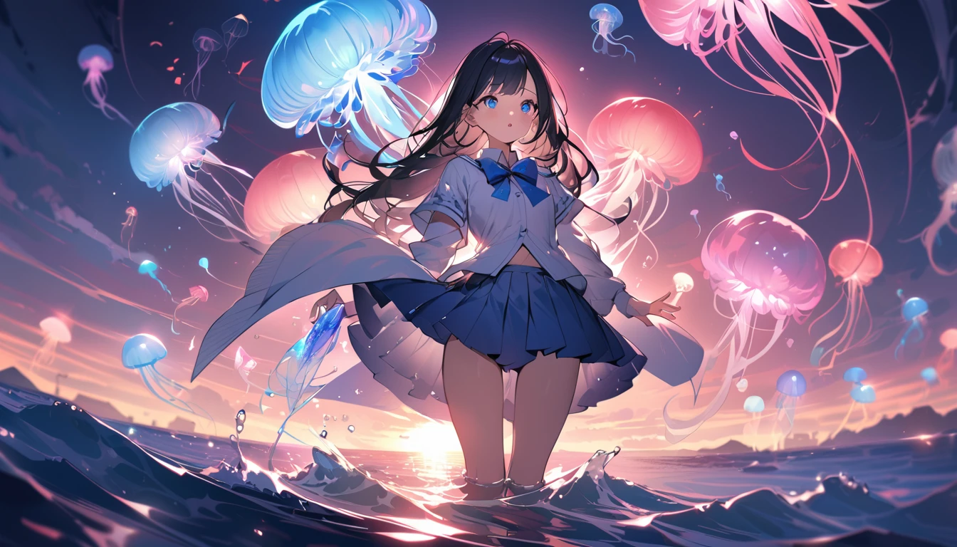 BREAK 1 girl, long hair, black hair, straight hair, short bangs above brows, blue eyes, expressionness, open mouth, (looking away:1.2)
BREAK (masterpiece), (high resolution 8K), cinematic lighting, professional lighting, detailed eyes and face, detailed body,
BREAK white shirt, blue bowtie, pleated skirt,
BREAK very wide, panorama view, sense of depth, shot from front,
BREAK colorful jellyfish, flying jellyfish, large amount of jellyfish, standing in the ocean, mysterious, luminescence, blue sky,