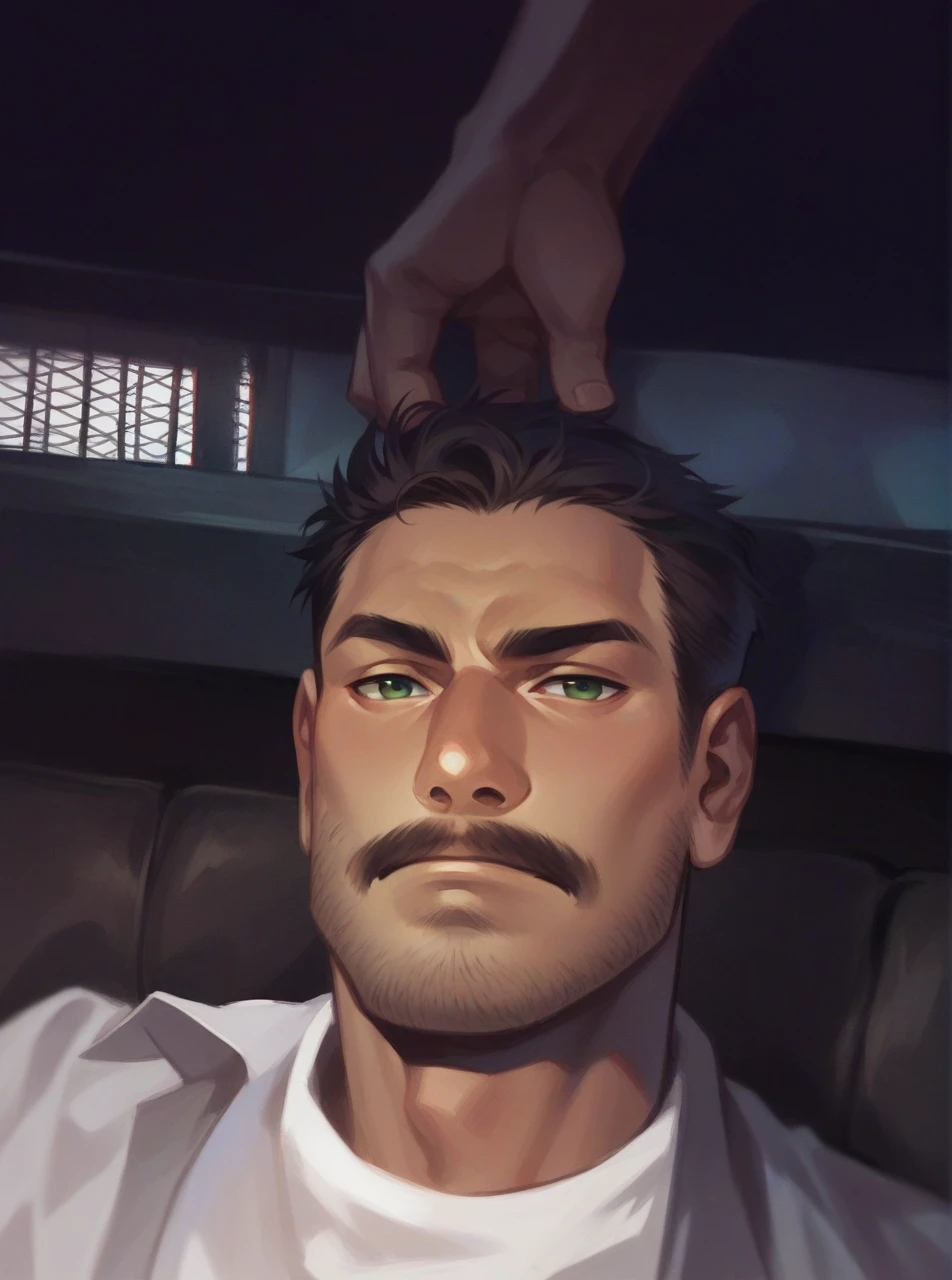 man with green eyes, wearing a formal shirt showing only his face