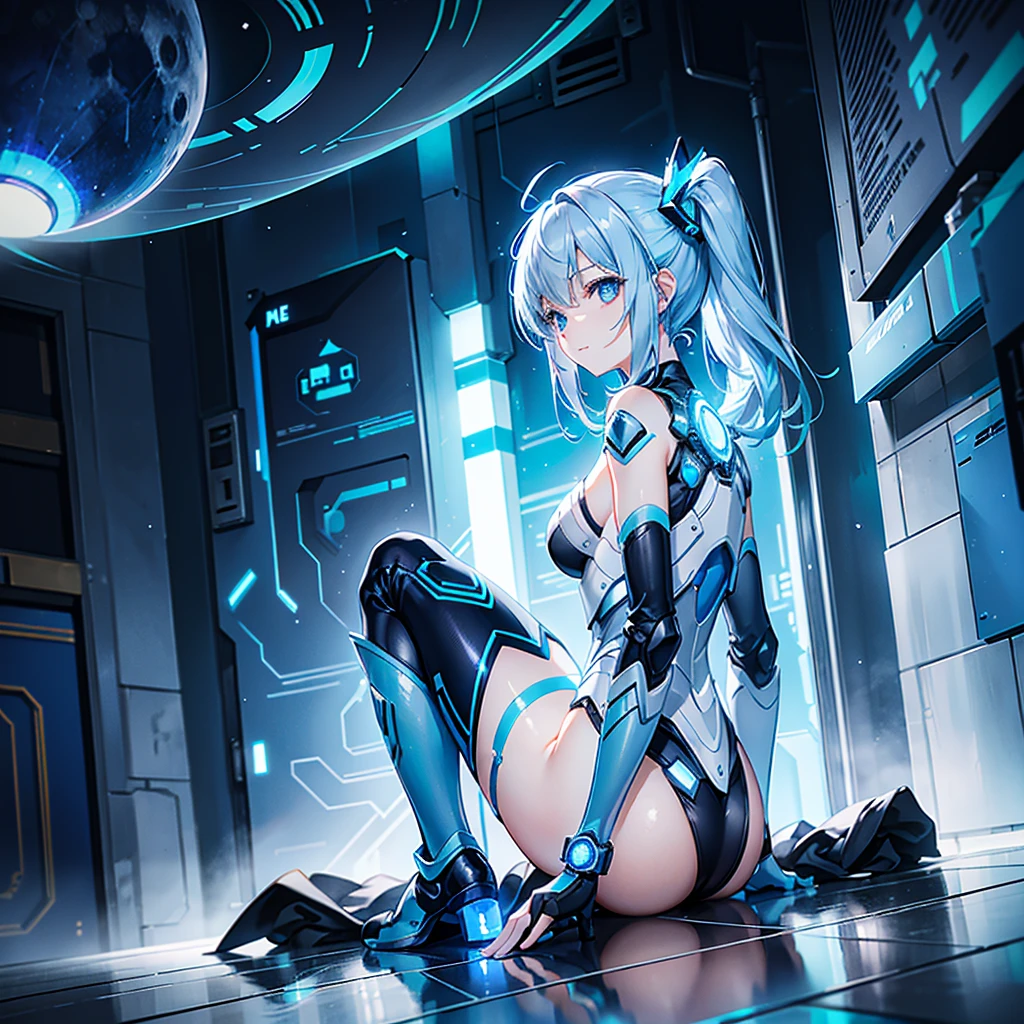 8K, Highest quality, (real:1.4), Original photo, 1 girl, Asari Hair, Biological Amplifier, Very sleek and futuristic armor, posture: Peace talks between warring factions,,attention arousal, smart blue eyes,A modest smile,Knee-high boots,Patent-look blue tights,Blue big moon and blue light swirl in the background,Blue light from behind,blue light magic,A small, glowing blue ball in the palm of your hand,Blue flame swirl,Blue Comet,Polished floor,