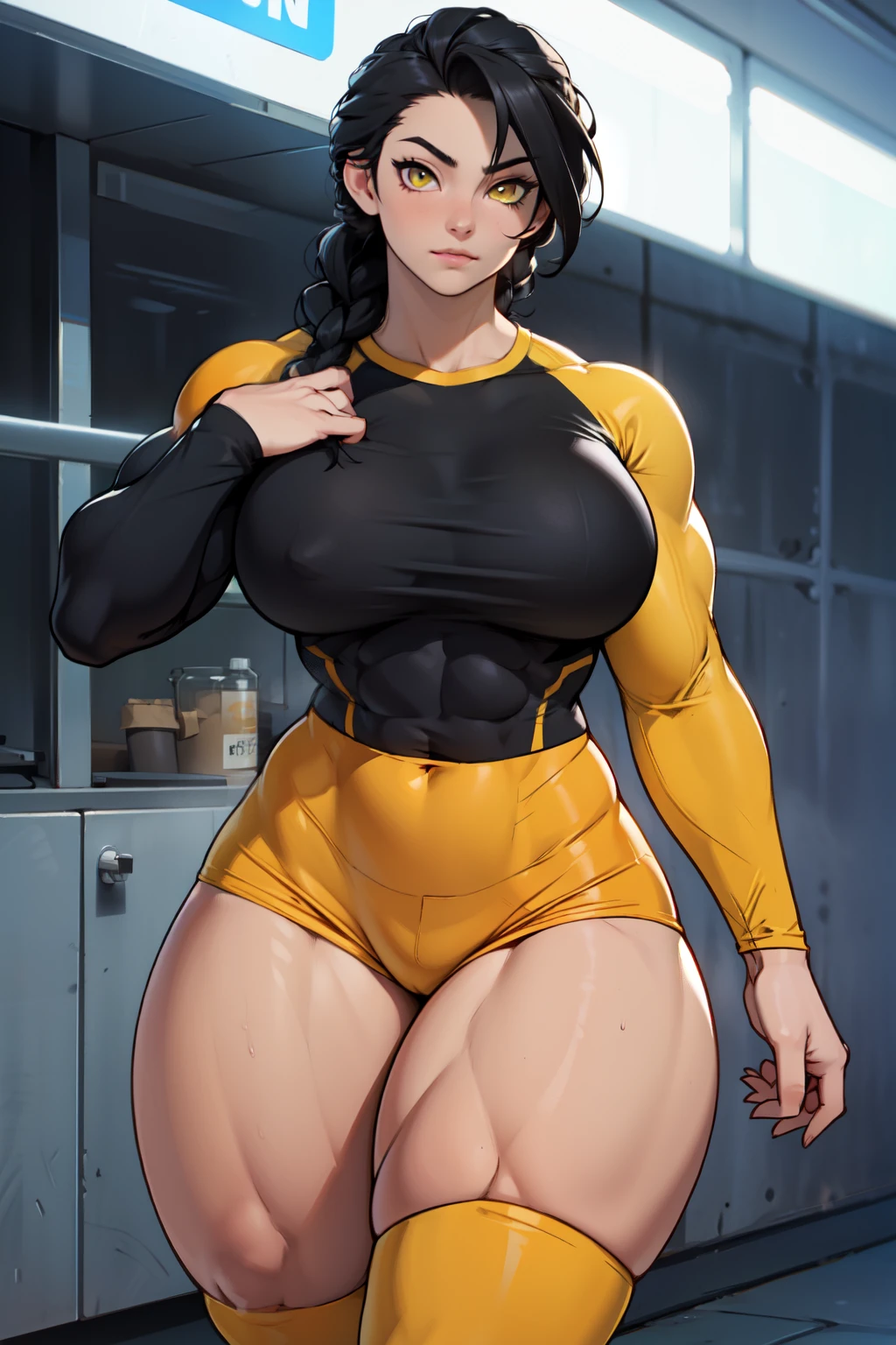 girl ((((muscular 1girl)))) ((((thick thighs toned body)))) (pale skin) black hair yellow eyes very long hair long sleeve tight t-shirt tight pants (french braid) massive breasts
