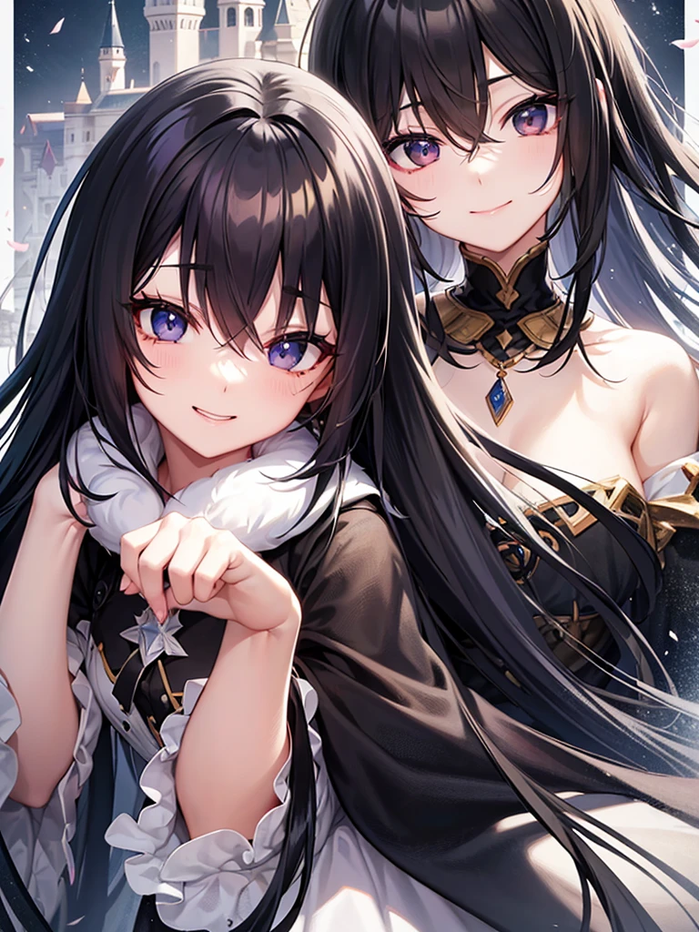 Long black hair、black eye、Female in her early 20s、Face close-up、A kind smile、The background is a castle、Pastel dress、accessories