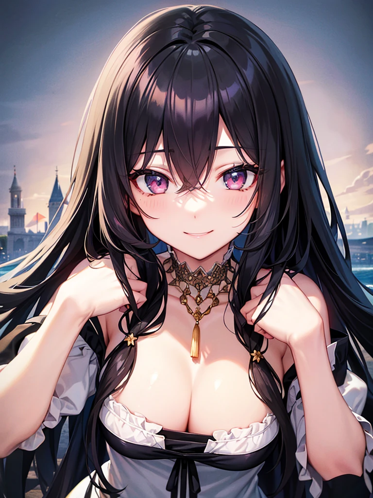 Long black hair、black eye、Female in her early 20s、Face close-up、A kind smile、The background is a castle、Pastel dress、accessories