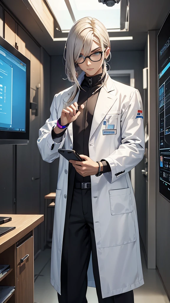 A cyborg teacher with a mechanical arm and a bionic eye, wearing a white lab coat and holding a holographic tablet, standing in front of an interactive digital whiteboard, where he shows complex graphics and formulas, while teaching a class of students with augmented reality headsets and smart bracelets, in a modern, lighted classroom, with windows that display a futuristic cityscape with skyscrapers and flying vehicles.