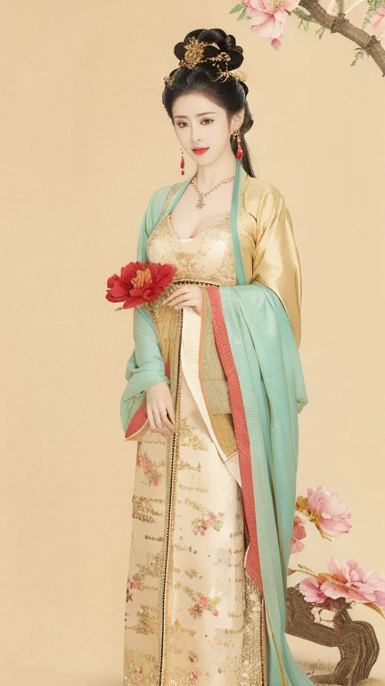 highly detailed, 8K, masterpiece, full-body shot，Facing the camera，1 girl, Black hair, nude, Smile, (perfect_Face), boundary, close up, crazy,, Gorgeous, complicated, Dramatic Lighting, 4K, detailed, Caustic lines, Half Body,  Huge breasts 1.5，Deep cleavage，Transparent woven Hanfu，Exquisite ancient hair accessories、Necklace and Earrings，Standing under the peach tree in full bloom，Flowers all around。