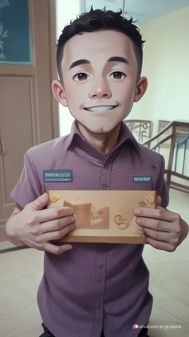 Create a caricature 4D hyperrealistic full body with a big head, A boy, 7 year old , oval face, smiling, curly hair, wearing traditional Central Javanese clothes, sitting on a chair, both thumbs towards the camera, masterpiece, UHD, photo studio lighting