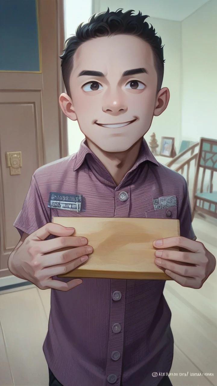 Create a caricature 4D hyperrealistic full body with a big head, A boy, 7 , oval face, smiling, curly hair, wearing traditional Central Javanese clothes, sitting on a chair, both thumbs towards the camera, masterpiece, UHD, photo studio lighting