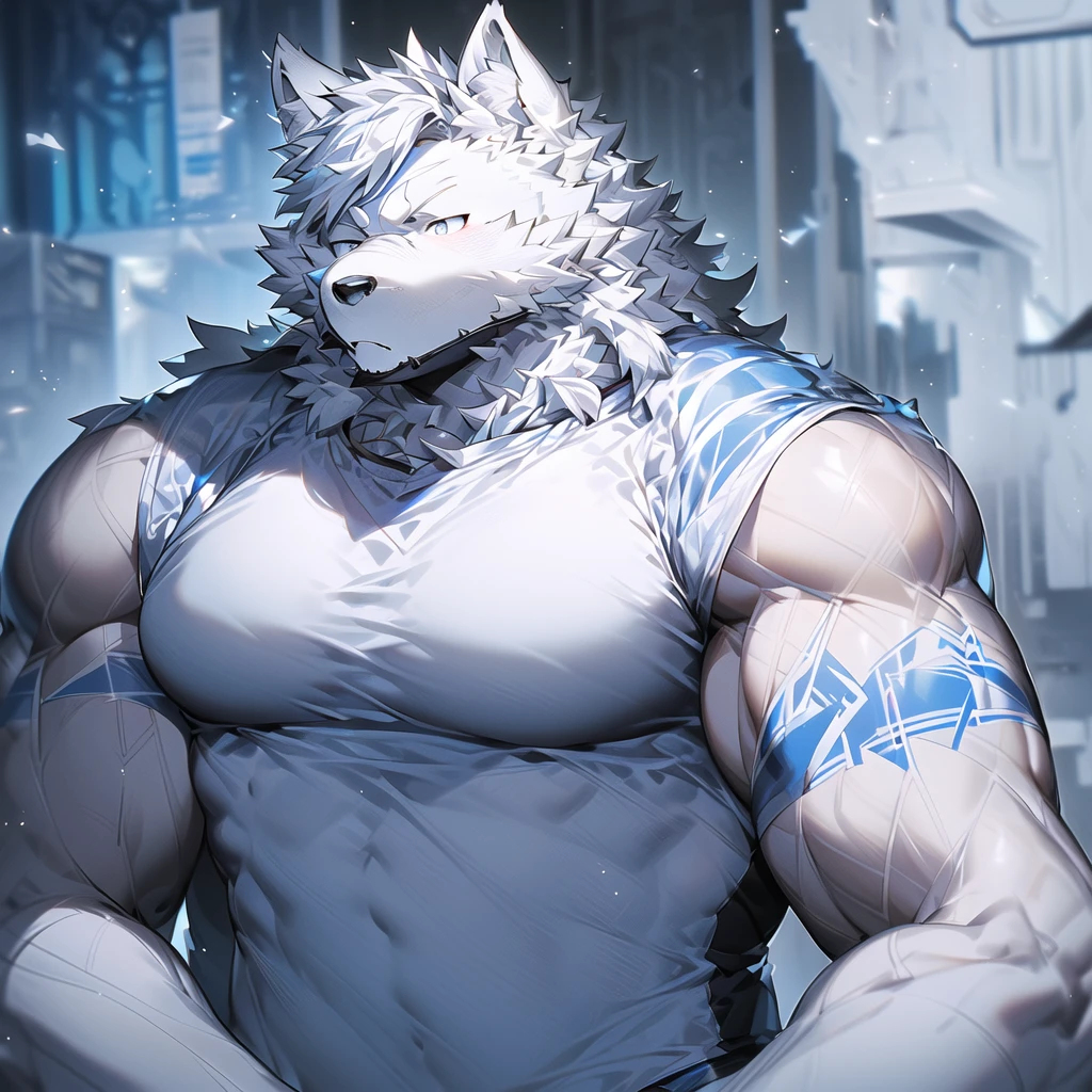 ((masterpiece)), ((best quality)), (ultra-detailed), Furry, 1 Male, White wolf, Blue eye, White tank top, black trunks, sad-looking face, Monochrome, fine line drawing, fine detail,
