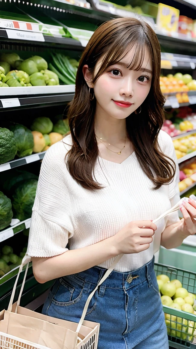 masterpiece, best quality, 1girl, casual outfit, grocery shopping, supermarket, picking vegetables, natural lighting, everyday scene, highly detailed
