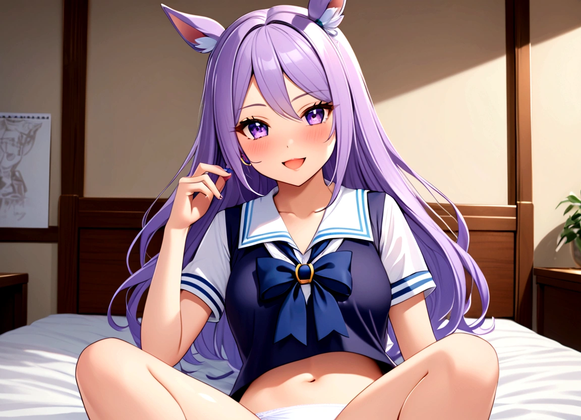 ((8K, Best Quality, masterpiece, Highly detailed)),{{{NSFW}}},Semi-realistic illustrations,Mejiro McQueen \(umamusume\),{1 girl,beautiful girl,cute,smile,kawaii, lovely,blushing,playful expression},sharp focus,oily skin,beautiful detailed hair,glossy hair,(wear school uniform:1.5),(two nipples slip from school uniform:1.2)(NSFW),erection-of-nipples,(lying on the bed:1.2),wear long school skirt,perfect two legs,(spread two legs:1.2),(show-off-white-panties:1.3),five fingers,large breaths,wear black pantyhose,beautiful detailed eyes,jewel like eyes,violet eyes, (two hands behind head:1.1),open mouth,armpits, solo,beautiful navel,  looking at viewer,collarbone,earring