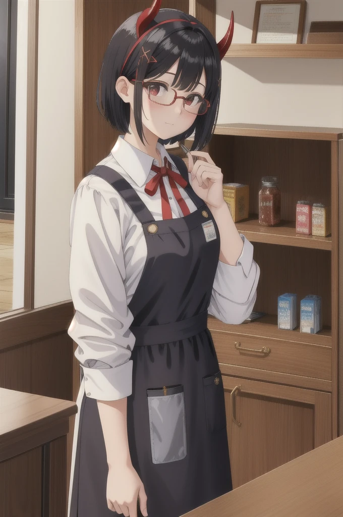 masterpiece, best quality, highly detailed, 1girl, apron, barcode scanner, bespectacled, blue apron, blush, brown horns, closed mouth, collared shirt, convenience store, demon horns, glasses, hair ornament, hairclip, halo, haniwa \(statue\), holding, horns, indoors, black hair, red ribbon, ribbon, shirt, shop, short hair, 