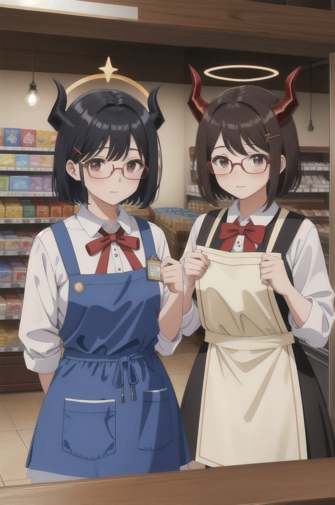 masterpiece, best quality, highly detailed, 1girl, apron, barcode scanner, bespectacled, blue apron, blush, brown horns, closed mouth, collared shirt, convenience store, demon horns, glasses, hair ornament, hairclip, halo, haniwa \(statue\), holding, horns, indoors, black hair, red ribbon, ribbon, shirt, shop, short hair, 