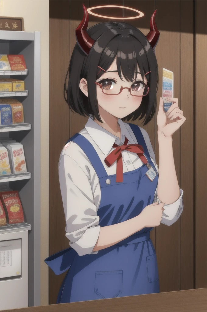 masterpiece, best quality, highly detailed, 1girl, apron, barcode scanner, bespectacled, blue apron, blush, brown horns, closed mouth, collared shirt, convenience store, demon horns, glasses, hair ornament, hairclip, halo, haniwa \(statue\), holding, horns, indoors, black hair, red ribbon, ribbon, shirt, shop, short hair, 