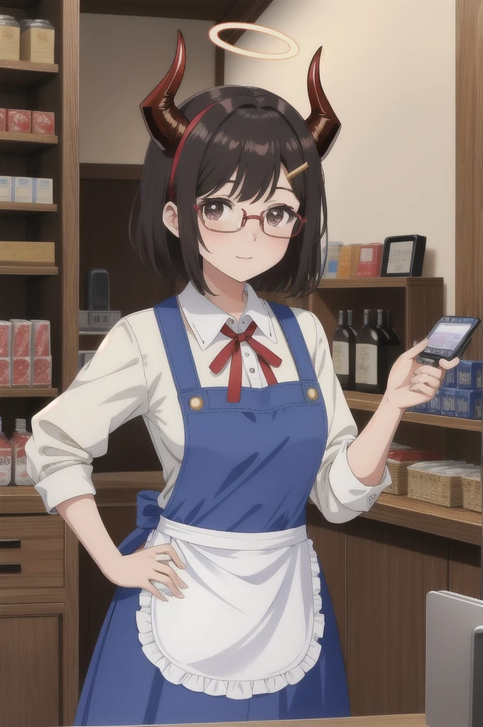 masterpiece, best quality, highly detailed, 1girl, apron, barcode scanner, bespectacled, blue apron, blush, brown horns, closed mouth, collared shirt, convenience store, demon horns, glasses, hair ornament, hairclip, halo, haniwa \(statue\), holding, horns, indoors, black hair, red ribbon, ribbon, shirt, shop, short hair, 