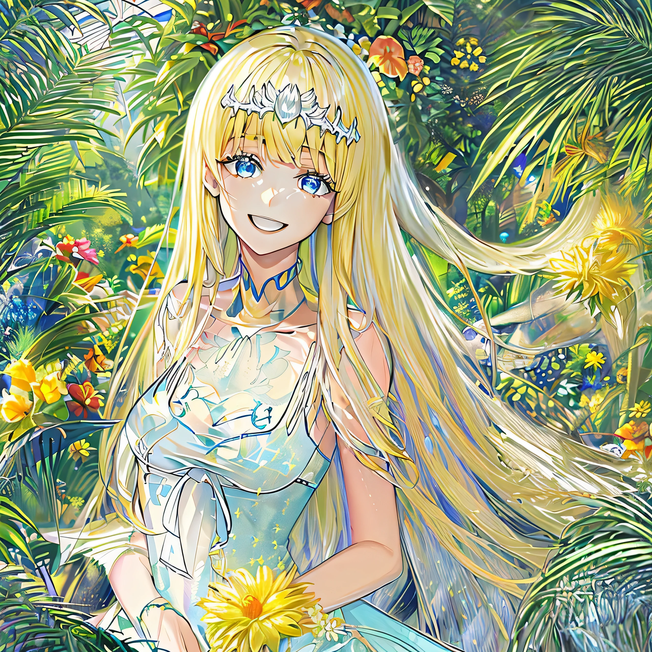 Masterpiece quality, The best quality。smile, tropical garden,1girl, solo, Calca, Calca Bessarez, blonde hair, (extremely long hair:1.3), very long hair, white tiara, white dress, blue eyes, medium chest, extremely long hair, medium breast, yellow hair color, bangs, blunt bang