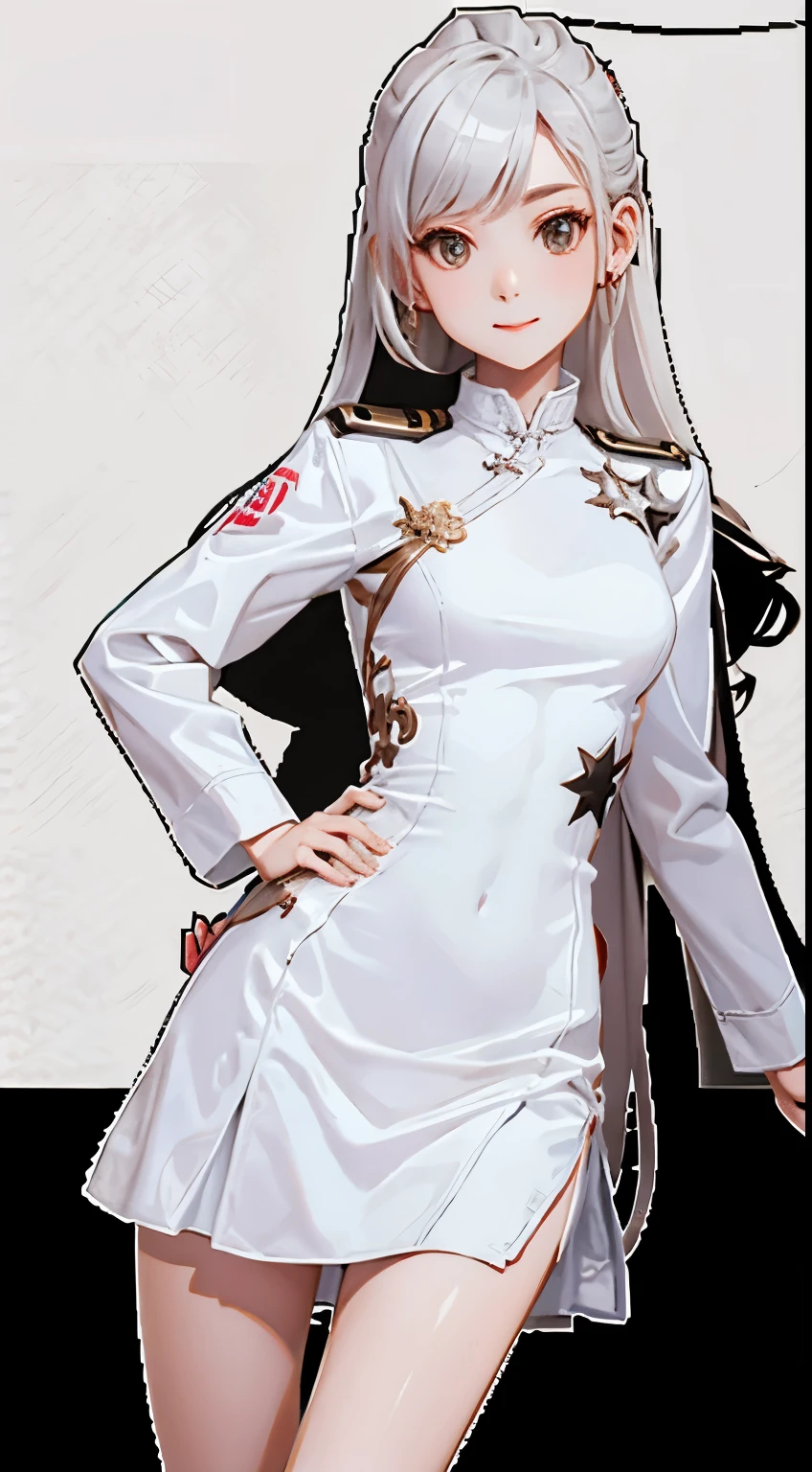 Realistic, High resolution, soft light, 1 female, alone, Hips up, long white hair, captain uniform, Jacket, shirt, skirt
