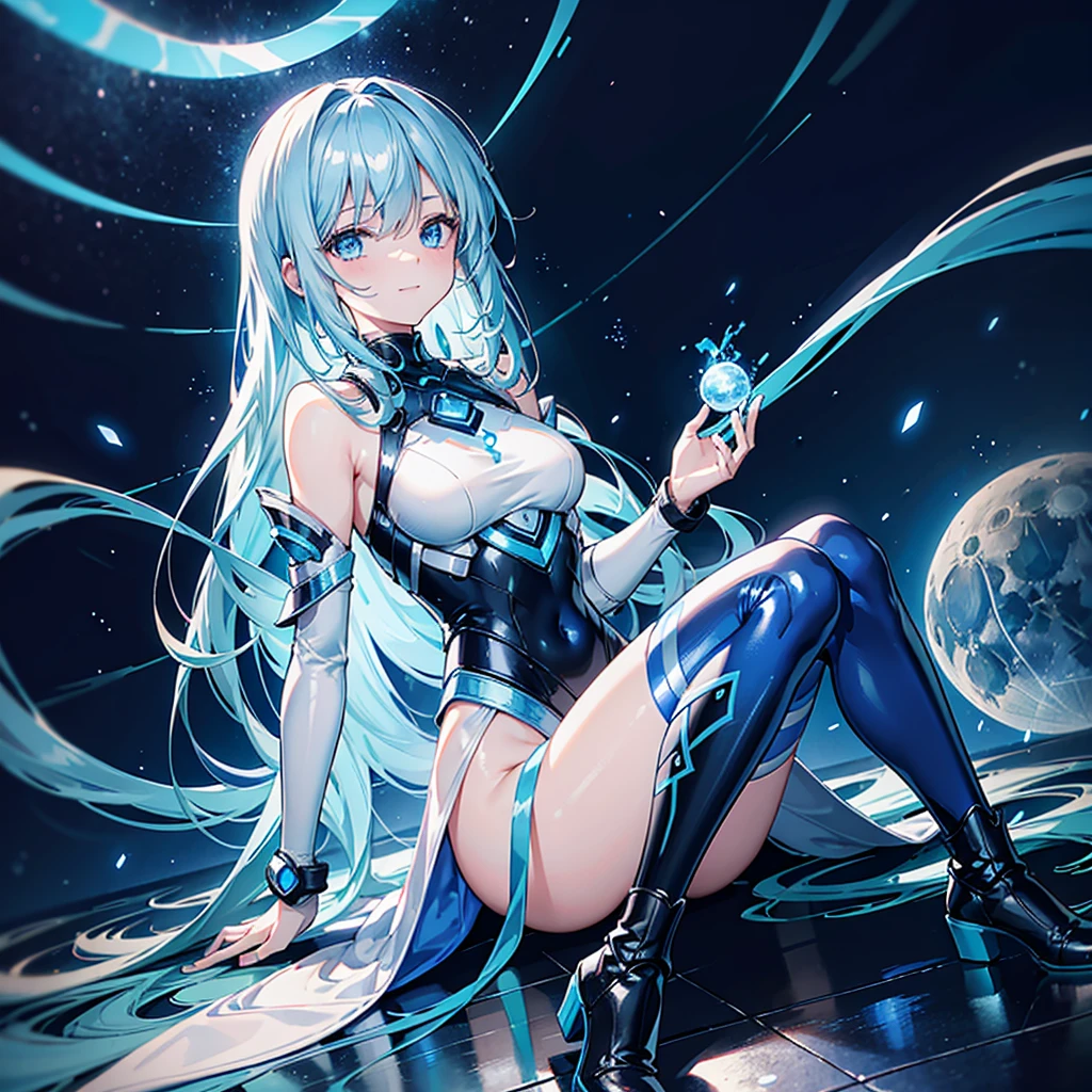 8K, Highest quality, (real:1.4), Original photo, 1 girl, Asari Hair, Biological Amplifier, Very sleek and futuristic armor, posture: Peace talks between warring factions,,attention arousal, smart blue eyes,A modest smile,Knee-high boots,Patent-look blue tights,Blue big moon and blue light swirl in the background,Blue light from behind,blue light magic,A small, glowing blue ball in the palm of your hand,Blue flame swirl,Blue Comet,Polished floor,